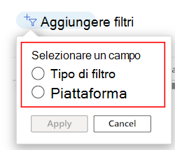 Screenshot che mostra come filtrare l'elenco di filtri esistente in base alla piattaforma e al tipo di profilo in Microsoft Intune.