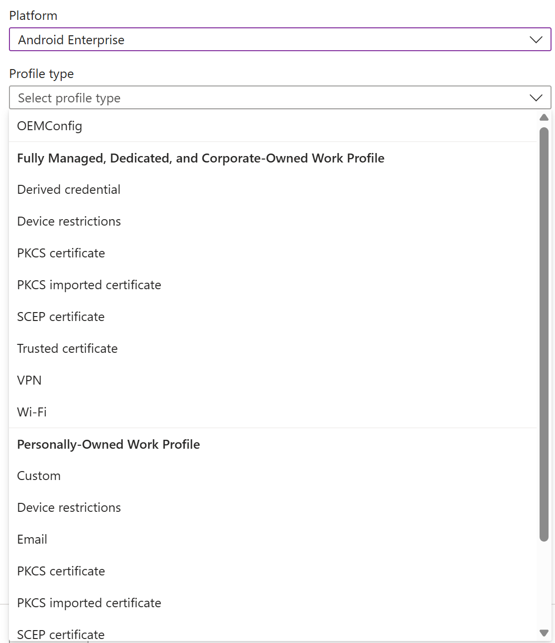 Screenshot che mostra come creare un profilo e criteri di configurazione dei dispositivi Android Enterprise in Microsoft Intune.
