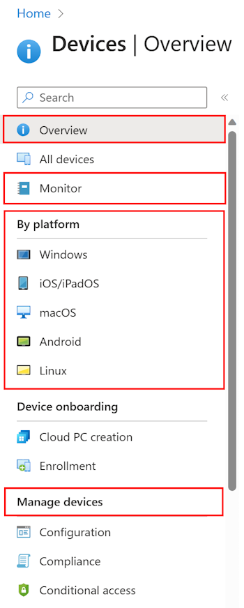 Screenshot che mostra come selezionare i Dispositivi per vedere cosa è possibile configurare e gestire in Microsoft Intune.