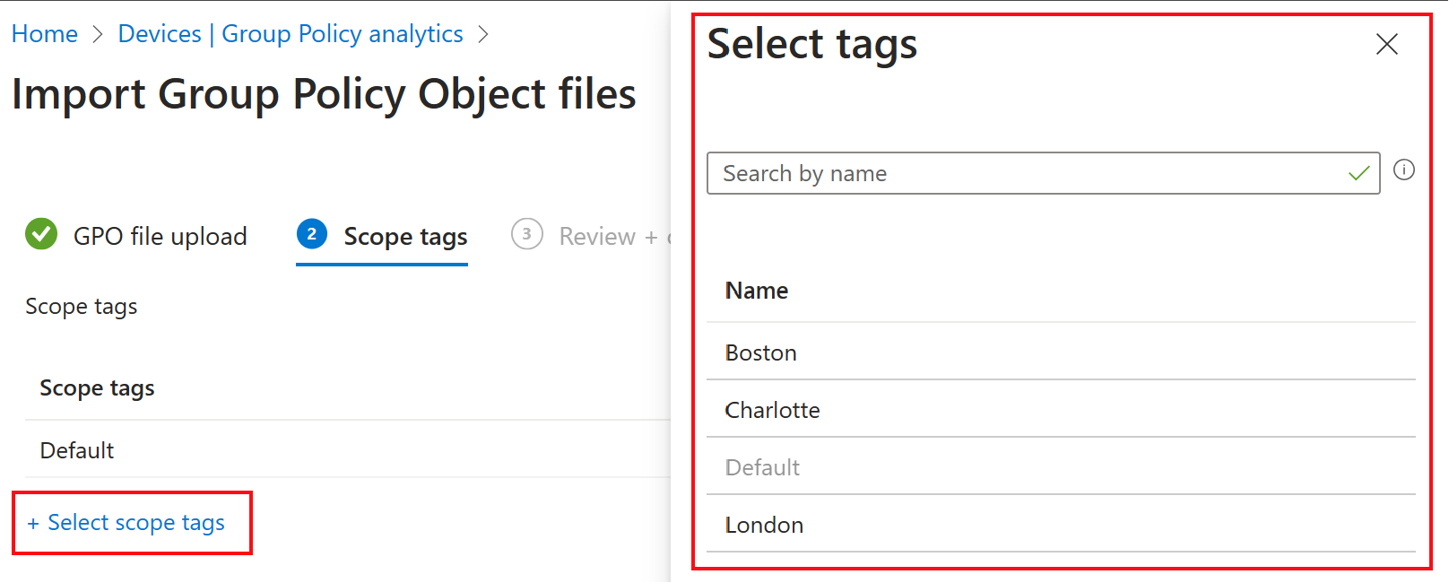 Screenshot che mostra come importare un oggetto Criteri di gruppo e selezionare un tag di ambito nell'interfaccia di amministrazione Microsoft Intune e Intune.