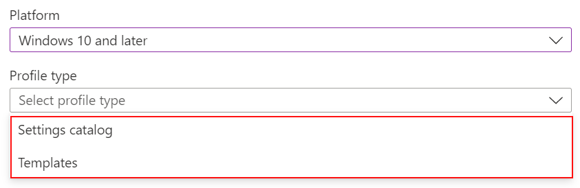 Screenshot che mostra quando si creano criteri Windows o macOS, selezionare catalogo delle impostazioni o modelli in Microsoft Intune e Intune'interfaccia di amministrazione.