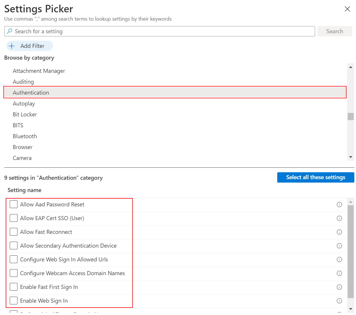 Screenshot che mostra il Catalogo impostazioni quando si seleziona Windows e Autenticazione in Microsoft Intune e Intune'interfaccia di amministrazione.