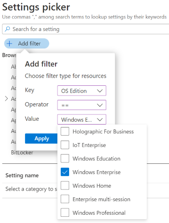 Screenshot che mostra il catalogo delle impostazioni quando si filtra l'elenco delle impostazioni in base all'edizione di Windows in Microsoft Intune e Intune'interfaccia di amministrazione.