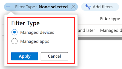 Screenshot che mostra l'elenco filtrato di filtri in base ai dispositivi gestiti in Microsoft Intune.