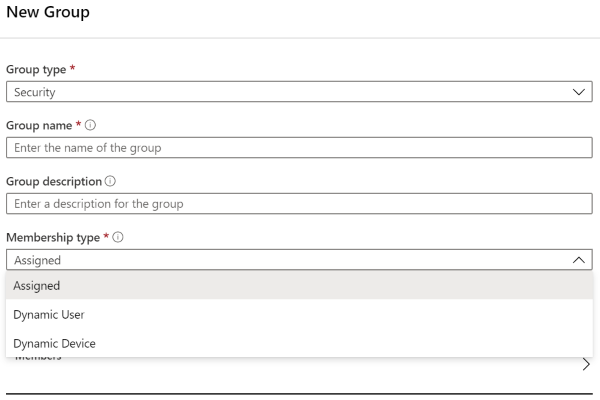 Screenshot che mostra il riquadro Nuovo gruppo da Entra all'interno dell'interfaccia di amministrazione Intune.