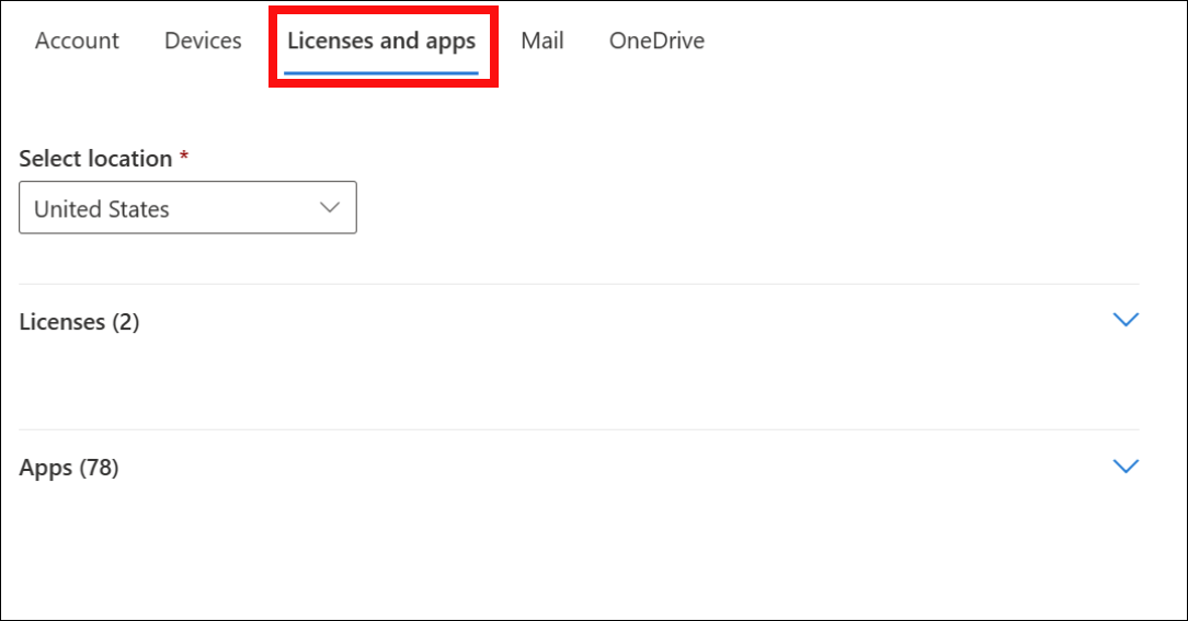 Screenshot della sezione licenze e app in M365 Amministrazione Center.