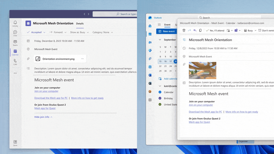 Partecipare a un evento mesh tramite un collegamento nel calendario di Outlook o teams