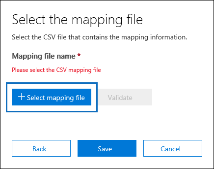 Selezionare file di mapping per inviare il file CSV creato per il processo di importazione.