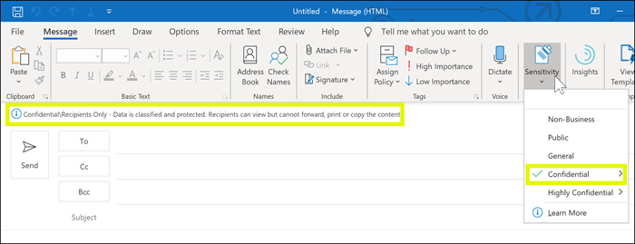 Etichetta di riservatezza applicata al messaggio in Outlook.