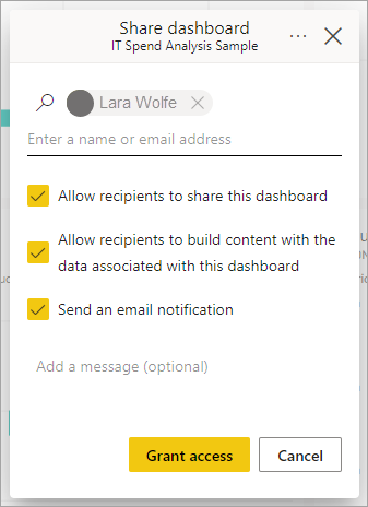 Screenshot della finestra di dialogo Concedi accesso a un dashboard.