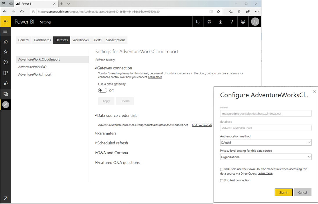Configura le credenziali per l'origine dati senza un gateway
