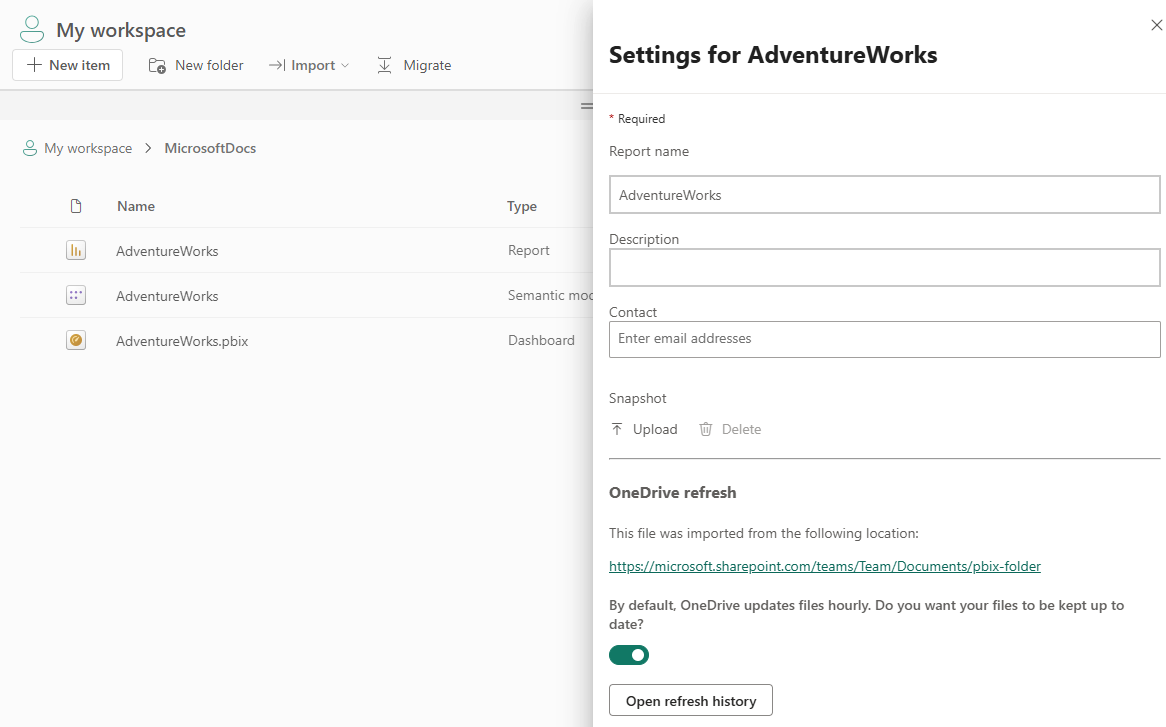 screenshot delle impostazioni del report di connessione dinamica che mostra la sezione aggiornamento di OneDrive.