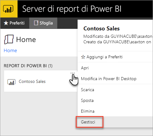 Screenshot che mostra l'opzione Seleziona gestione dal menu di scelta rapida del report di Power BI.