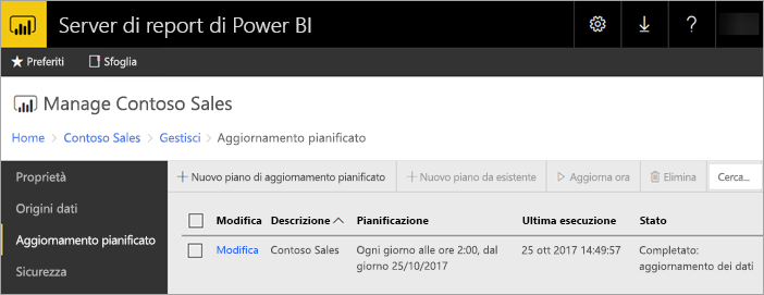 Screenshot che mostra un aggiornamento pianificato riuscito di un report di Power BI.