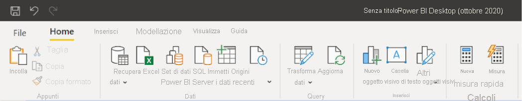 Screenshot della nuova barra multifunzione in Power BI Desktop per Power BI Report Server.