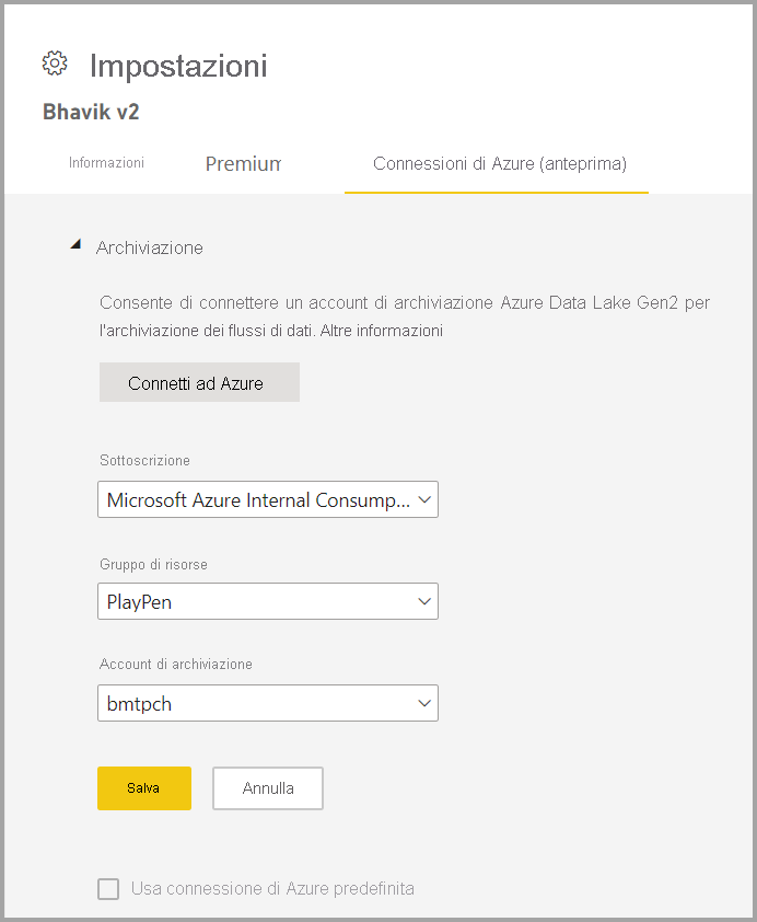 Screenshot of the Settings window after choosing Connecting to Azure.