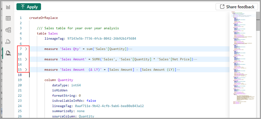Screenshot delle sezioni di codice a scomparsa nell'editor di codice.