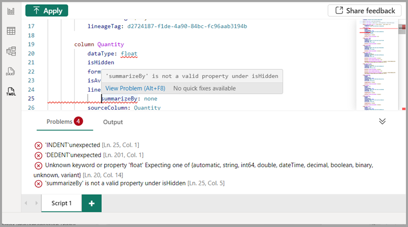 Screenshot della diagnostica degli errori nell'editor di codice.
