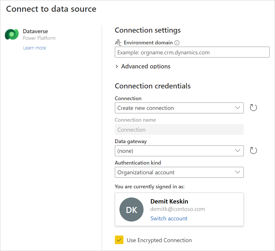 Screenshot della pagina Collegare all'origine dati per Dataverse.