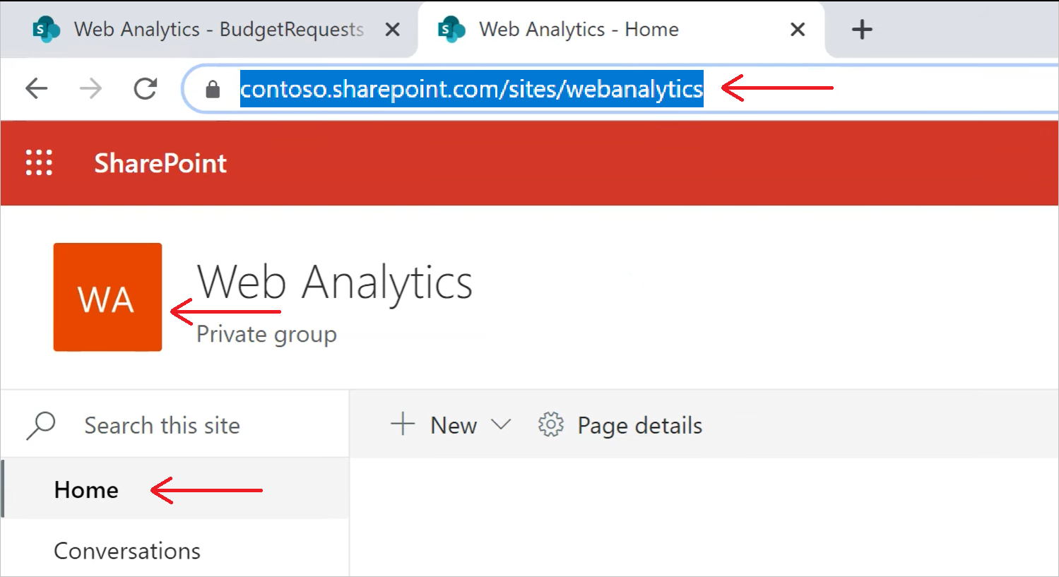 Screenshot che evidenzia le posizioni di Home nel pannello di navigazione, l'icona nella parte superiore del sito e l'indirizzo URL generato.
