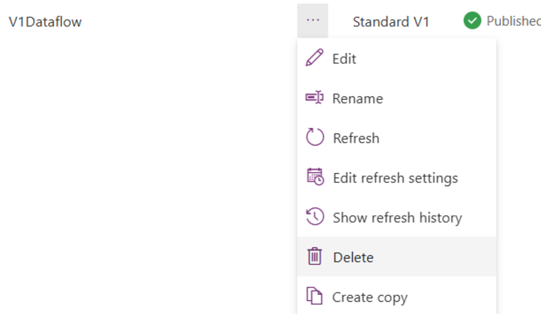 Screenshot del menu ellissi del flusso di dati v2 pubblicato, con l'opzione Elimina evidenziata.
