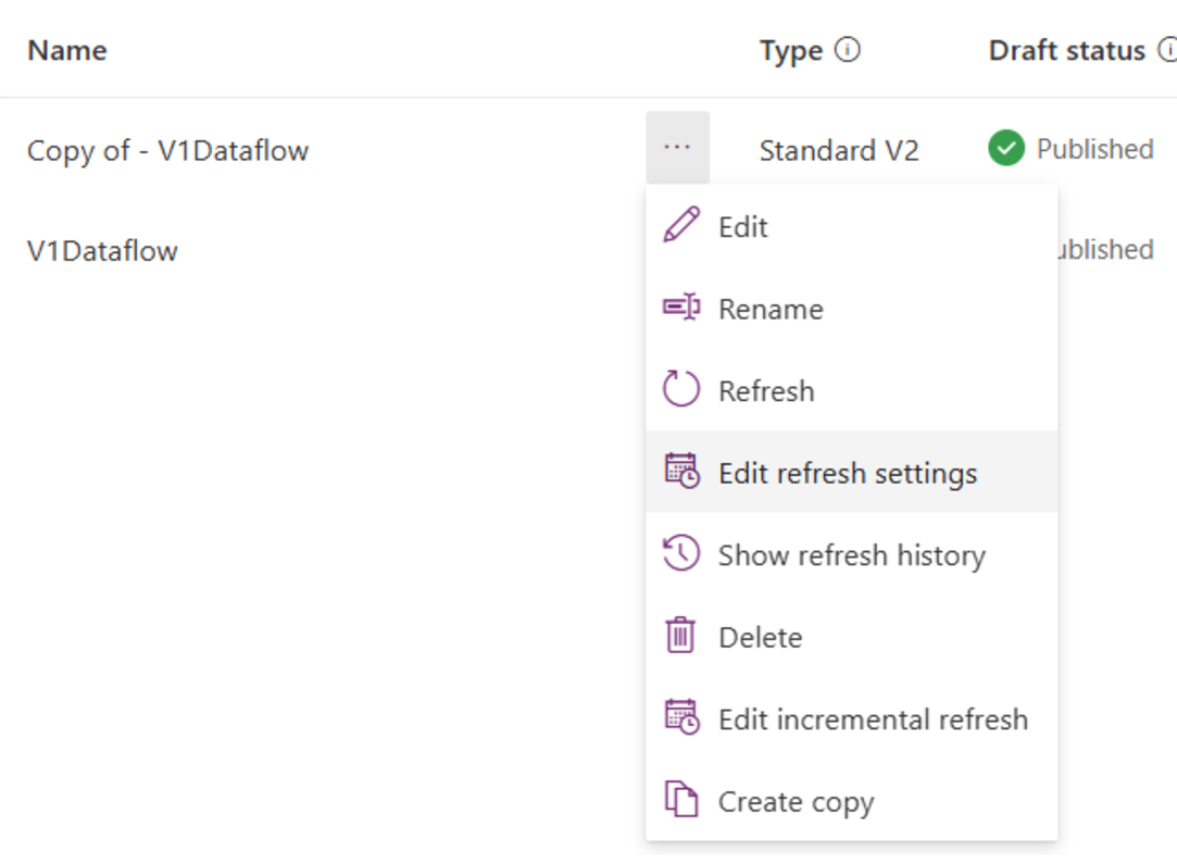 Screenshot del menu ellissi del flusso di dati v2 pubblicato con l'opzione 
