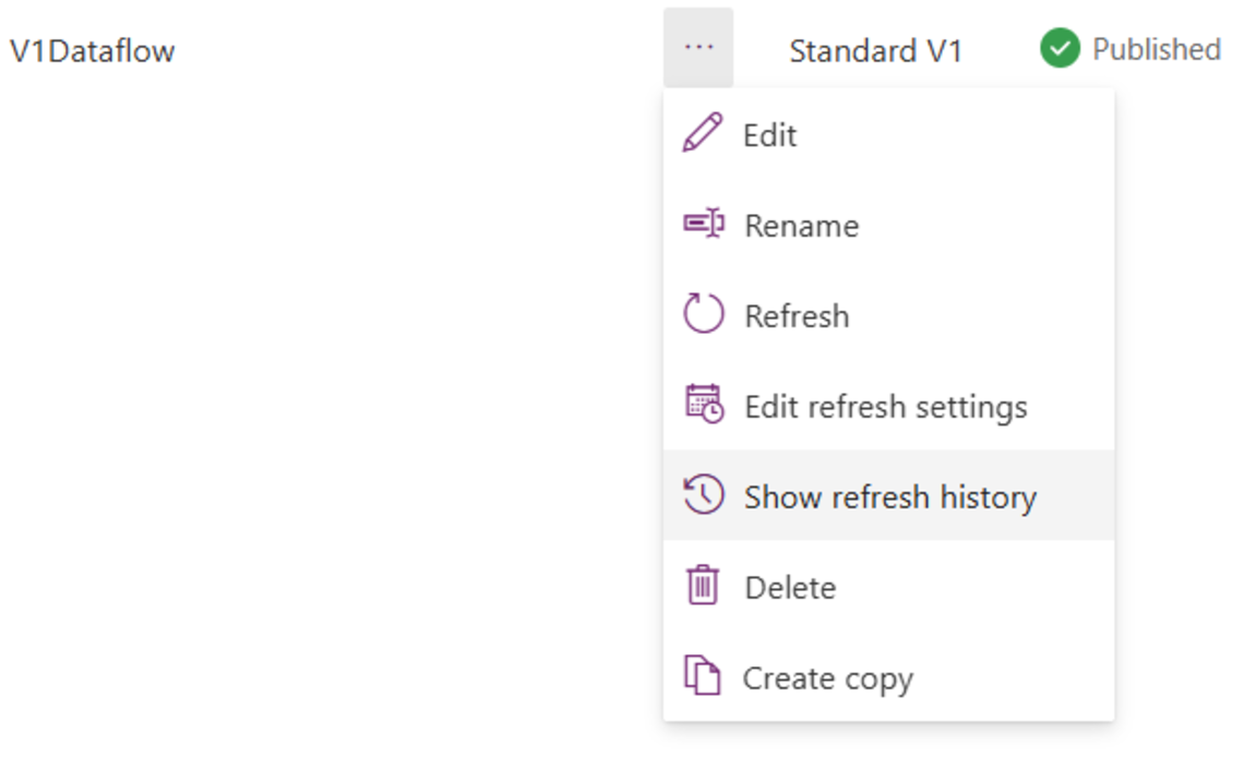 Screenshot del menu con i puntini di sospensione del flusso di dati v2 pubblicato con Mostra cronologia aggiornamenti evidenziata.