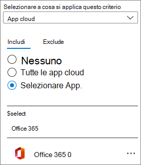 Screenshot dell'app cloud Office 365 in un criterio di accesso condizionale Microsoft Entra