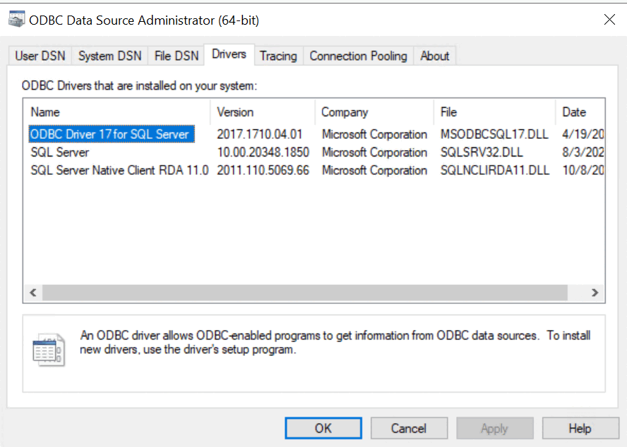 Screenshot dei driver di amministratore origine dati ODBC disponibili.