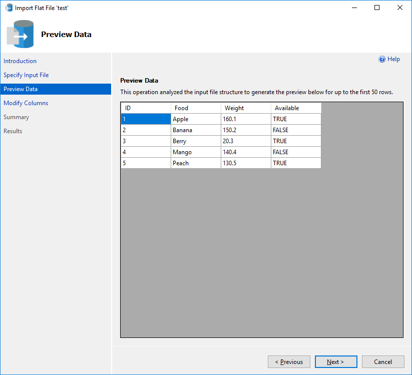 Screenshot del menu Anteprima dati Importa file piatto.