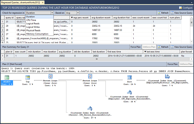 Screenshot del report delle query regresse di SQL Server in Esplora oggetti di SSMS.