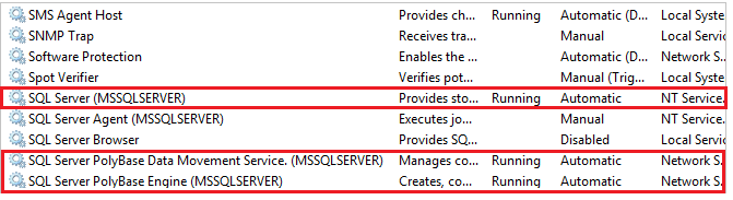 arrestare e avviare i servizi PolyBase in services.msc