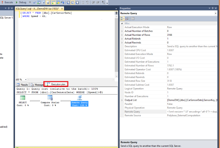 Screenshot di SQL Server Management Studio di un piano di esecuzione della query PolyBase.