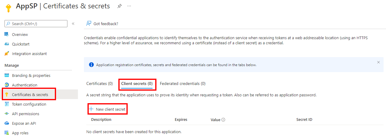 Screenshot della creazione di un nuovo segreto del client per un'applicazione nel portale di Azure