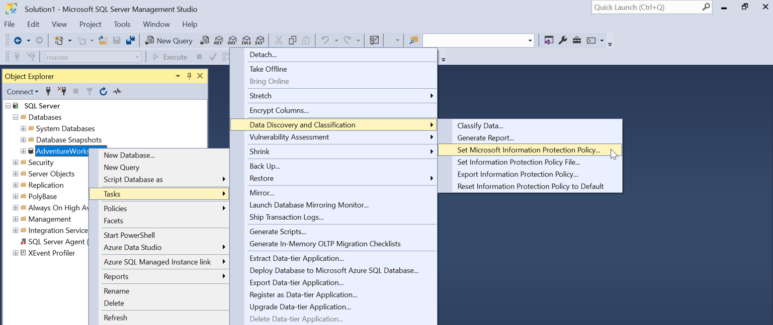 Screenshot della politica di protezione delle informazioni Microsoft in S S M S