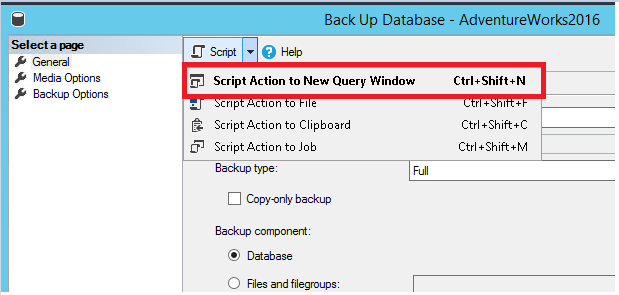 Script di backup del database--azione script