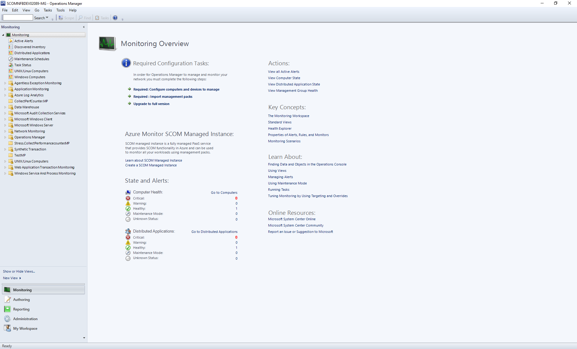Screenshot della pagina Istanza Gestita di SCOM (anteprima).