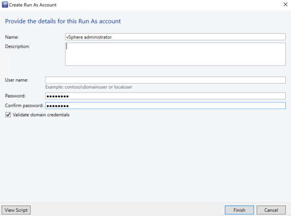 Screenshot che mostra la pagina 'Crea account Run As'.