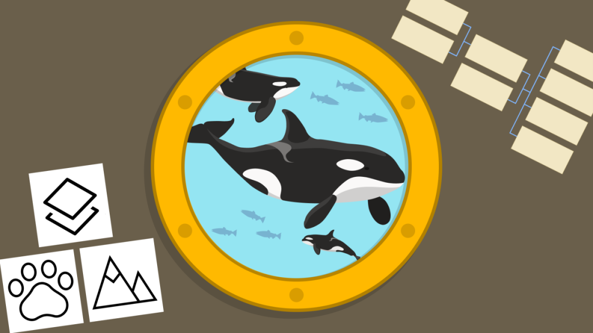 Immagine di un'orca che attraversa un tunnel con simboli del tipo di dati e un piccolo diagramma vuoto.