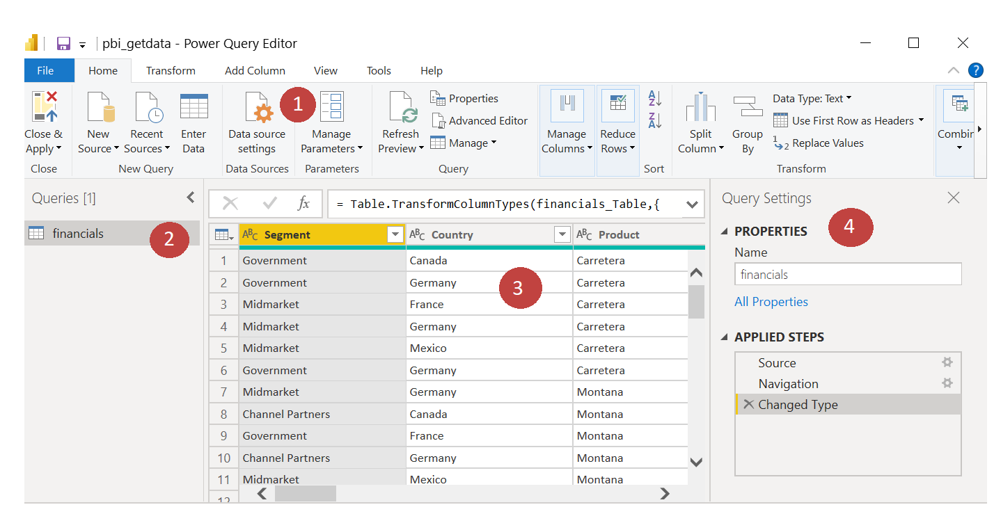 Le quattro aree della schermata dell'editor di Power Query.