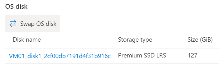 Screenshot del pannello dei dischi nel portale di Azure con l'opzione del disco del sistema operativo di scambio evidenziata.