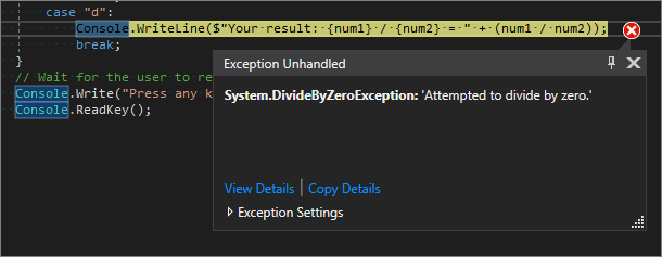 Screenshot dell'editor di Visual Studio Code che mostra una riga evidenziata in giallo e un errore eccezione non gestito per 'Tentativo di divisione per zero'.