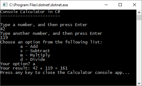 Screenshot che mostra una finestra della console con l'app Calcolatrice con messaggi.