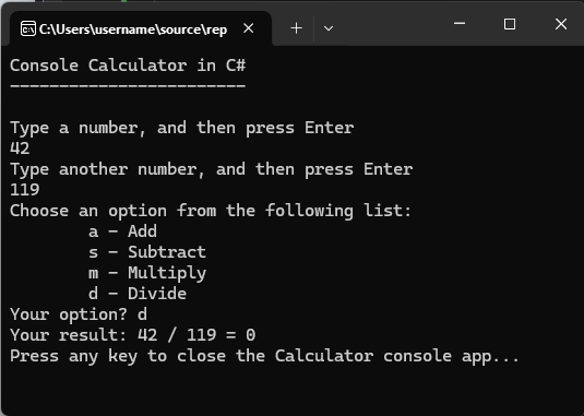 Screenshot di una finestra della console che mostra l'app Calcolatrice che restituisce un numero intero inesatto come risultato.