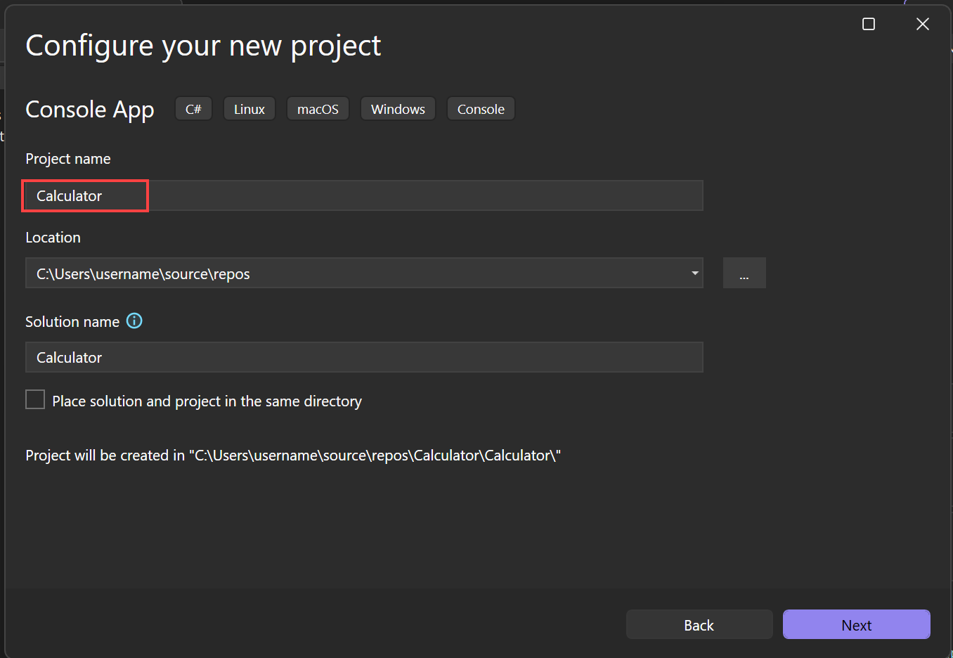 Screenshot che mostra come assegnare un nome al progetto 
