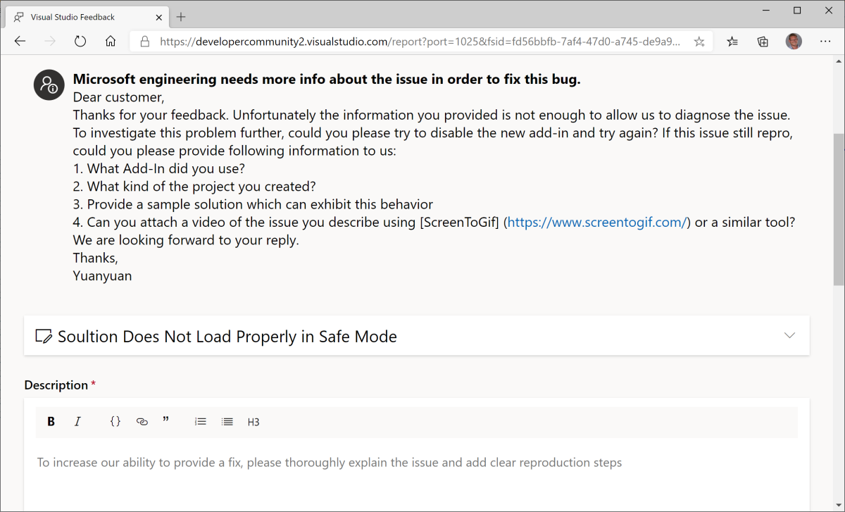Screenshot della finestra commenti e suggerimenti Visual Studio che mostra le informazioni richieste da Microsoft per la risoluzione del problema.