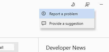 Screenshot che mostra l'icona del feedback selezionata nell'angolo superiore destro del programma di installazione di Visual Studio e Segnala un problema selezionato nel menu di scelta rapida.