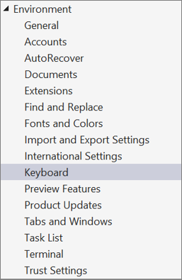 Schermata delle opzioni Ambiente in Visual Studio con l'opzione Tastiera selezionata.