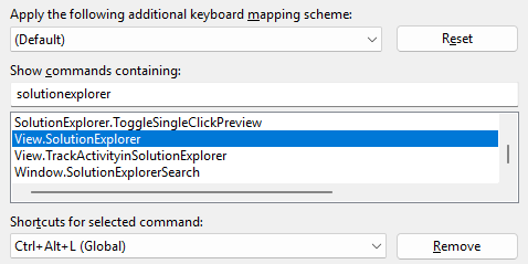 Screenshot del tasto di scelta rapida per il comando View.SolutionExplorer.