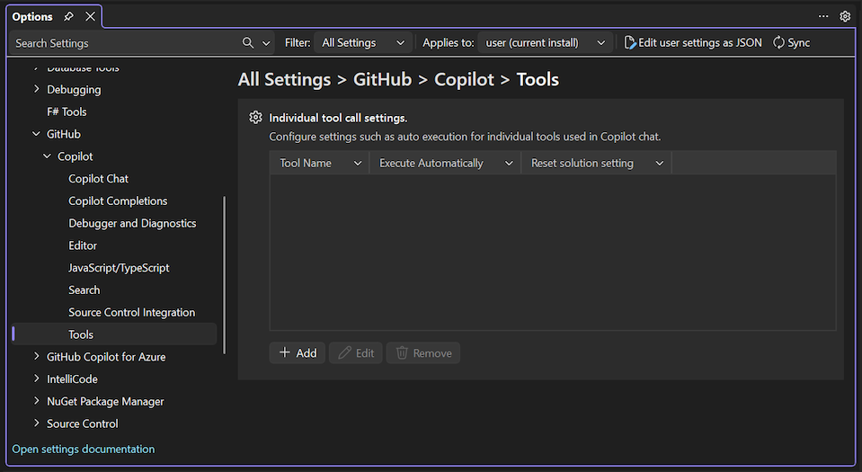 Screenshot che mostra le impostazioni di chiamata dello strumento GitHub Copilot in Visual Studio.